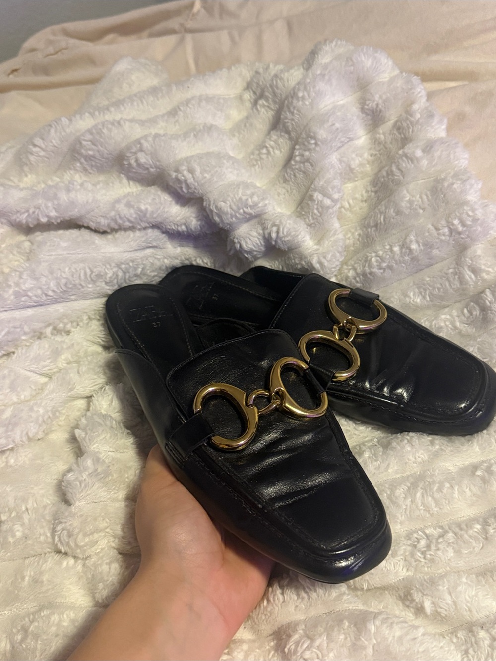 Black Leather Slip-On Mules with Gold Chain Detail